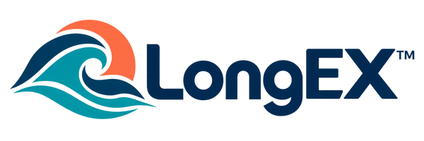 LongEX™ coastal wave logo in navy, teal, and sunset coral